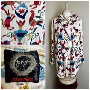 Johnny Was BIYA Embroidered Cardigan Jacket Cream Flowers Animals XS Oversized